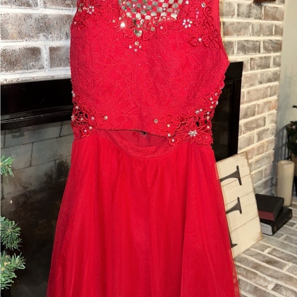 Jodi Kristopher Red Lace Prom Dress